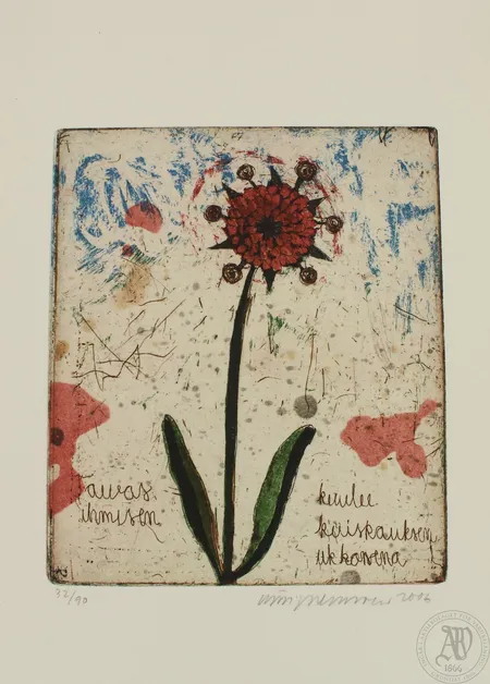 Etsaus, Kirsi Neuvonen 2006, Taivas kuulee ihmisen kuiskauksen ukkosena 32/90, mitat 18,5x14 cm. Tekijänoikeuslain mukainen jälleenmyyntikorvaus 5%, johon lisäämme voimassa olevan alv:n mikäli viimeineinen huutohinta ylittää 255,0 euroa.