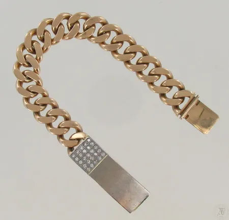 Laattaranneketju timanteilla 25xn.0.03ct, käsityö, tekijäleima MSa, pituus 215mm, 585 kelta- ja valkokulta, paino 127,1g Paino: 127,1 g
