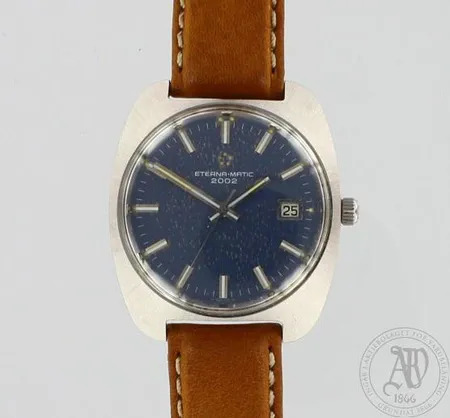Miesten teräsrannekello Eterna-Matic 2002 Royal Blue, päivyrillä, nahkaranneke, automatic, taulun Ø 37mm
