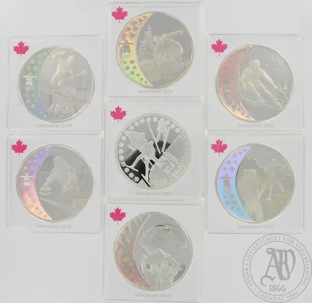 Seitsemän hologrammi juhlarahaa, Vancouver 2010, nimellisarvo 25 dollaria/kpl, 925, paino 194,5g Paino: 194,5 g