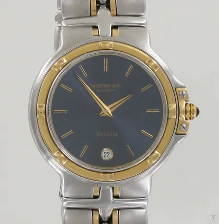 Teräsrannekello Raymond Weil Parsifal quartz päivyrillä, käytön jälkiä, taulun Ø 35mm, malli 9190, hihnan pituus 170mm, yksi hihnan lisäpala