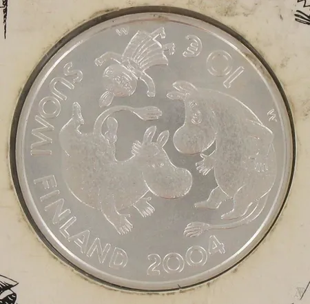 Juhlaraha Tove Jansson ja lastenkulttuuri - 2004, nimellisarvo 10 euroa, 925, paino 27,4g , pahvikansio kulunut. Paino: 27,4 g