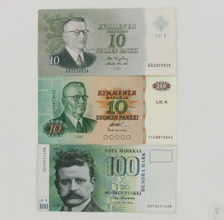 Kolme seteliä Suomi, 10mk vuodelta 1963, 10mk vuodelta 1980, 100mk vuodelta 1986