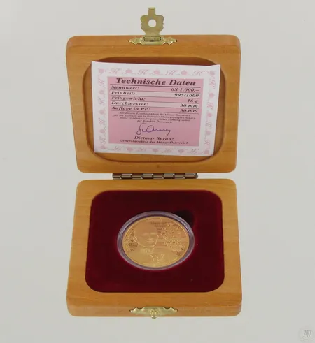 Kultaraha Keisari Kaarle I 1887-1922, 1000 shillinkiä, aitoustodistus, 995, paino 16,0g Paino: 16   g