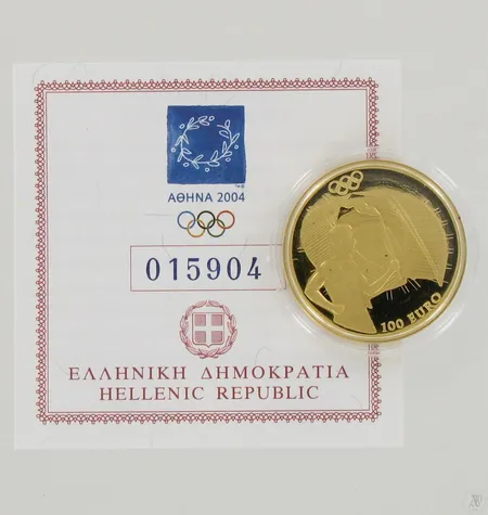 Kultaraha Ateenan Olympialaiset 2004, 100 euroa, aitoustodistus, 999, paino 10,0g Paino: 10   g