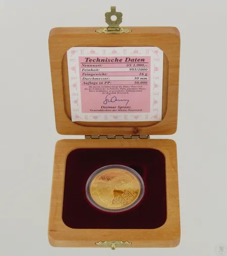 Kultaraha Keisarinna Elisabeth 1837-1898, 1000 shillinkiä, aitoustodistus, 995, paino 16,0g Paino: 16   g