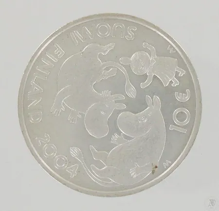 Hopearaha, Suomi 2004 Muumi, Tove Jansson, nimellisarvo 10 euroa, 925, paino 28,1g Paino: 28,1 g