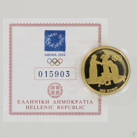Kultaraha Ateenan Olympialaiset 2004, 100 euroa, aitoustodistus, 999, paino 10,0g Paino: 10   g