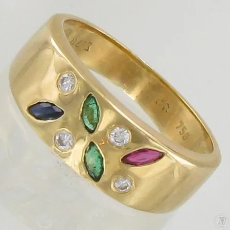 Rubiini/Smaragdi/Sinisafiirisormus timanteilla 4xn.0.02ct, koko 17¼, 750br, paino 4,5g Paino: 4,5 g