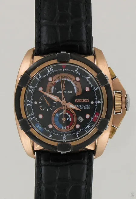 Teräsrannekello Seiko Velatura Yachting Timer nahkarannekkeella, quartz, käytön jälkiä. Tarvitsee huoltoa!