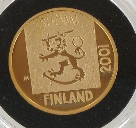 Kultaraha 1mk, vuodelta 2001, Viimeinen markka, 750, paino 8,6g Paino: 8,6 g