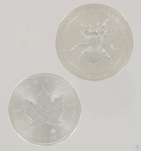 Kaksi hopearahaa, Canada 5 dollars 2015 ja Australia 1 dollar 2015, 999, paino 62,6g Paino: 62,2 g