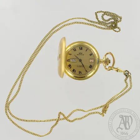 Taskukello, Royce 17 jewels incabloc, päivyrillä, Ø 36mm, takakansi kaiverrettu, kellonperän pituus 80cm. Uuden veroinen