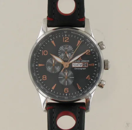 Teräsrannekello Jacques Lemans Chronograph 1-1844C, quartz, Ø 45mm, nahkarannekkeella