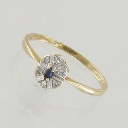 Sinisafiirisormus timanteilla 6xn.0.005ct, käytön jälkiä, koko 16¼, 585br, paino 1,0g