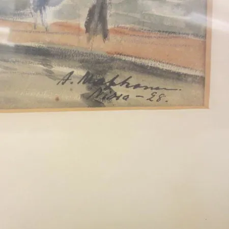 Vesiväripiirros, signeeraus Arvo Makkonen, Nizza 1928, mitat 28x36cm.   Lähetetään postipakettina.