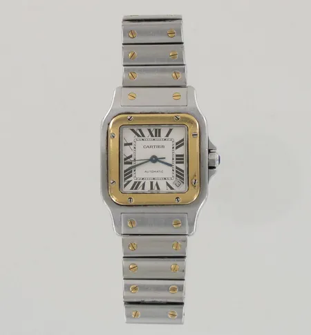 Teräs-kultarannekello Cartier Santos Automatic, sarjanumero 851971 CE 2823, rungossa pieniä käytön jälkiä, taulun mitat 32x32mm, rannekkeen pituus 190mm