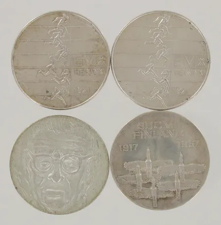 Neljä juhlarahaa, EMX Helsinki 1971 10mk, Itsenäinen Suomi 50 vuotta 10mk, J.K.Paasikiven syntymästä 100 vuotta 10mk, 500-900, paino 94,3g