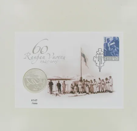 Rahakirje 60 Rauhan Vuotta 1945-2005, ensipäiväkuori 2.3.2005 ja mitali, nimellisarvo 10 euroa, 925, paino 25,5g