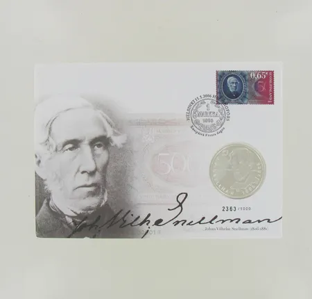 Rahakirje Johan Vilhelm Snellman, ensipäiväkuori 11.1.2006 ja mitali, nimellisarvo 10 euroa, 925, paino 25,5g