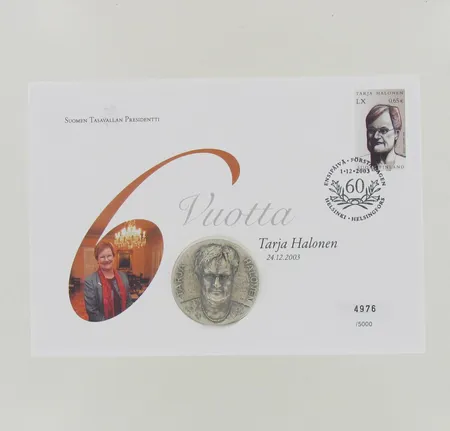 Rahakirje Tarja Halonen 60 vuotta 24.12.2003, ensipäiväkuori 1.12.2003 ja mitali, 925, paino 39,3g