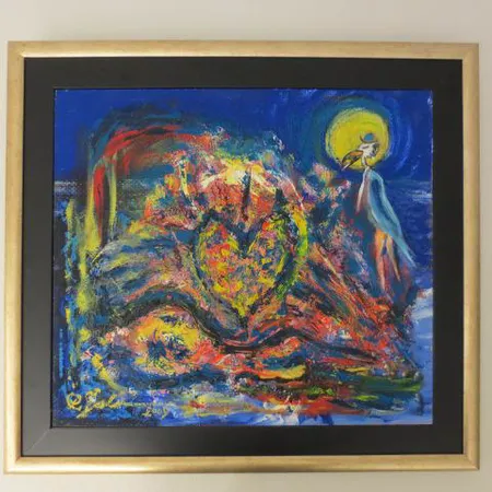 Öljyvärimaalaus levylle, signeeraus Risto Jalonen 2009, ''Lumotun sydämen metsästäjä'' mitat 395x445mm. Ota yhteys panttilainaamoon kuljetusmaksusta sopimiseksi.  