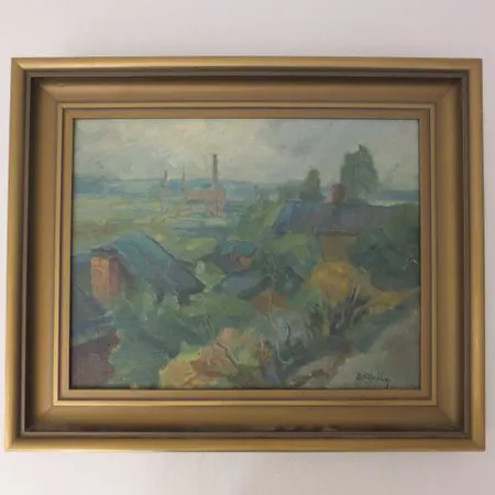 Öljyvärimaalaus levylle, Signeeraus B. Söderblom, Tampere: näköala järvensivulta Hatanpäälle, mitat 325x420mm. Ota yhteys panttilainaamoon kuljetusmaksusta sopimiseksi.