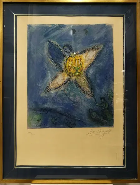Värilitografia Marc Chagall, Le Message Biblique I, 1973, juliste maalauksesta, 108/200, koko 42x51cm, Ota yhteys panttilainaamoon kuljetusmaksusta sopimiseksi.