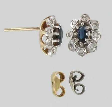 Sinisafiirikorvakorut timanteilla 16xn.0.005ct, korkeus 10mm, taustat vialliset ja eriparia, 585br, paino 2,5g
