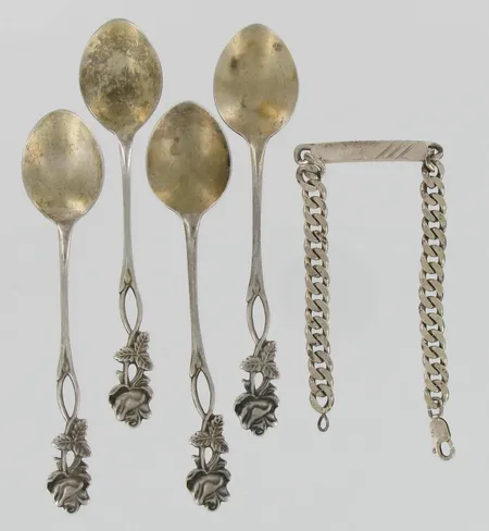 Viallisia hopea-aterimia ja rannekoru, 830, paino 57,8g