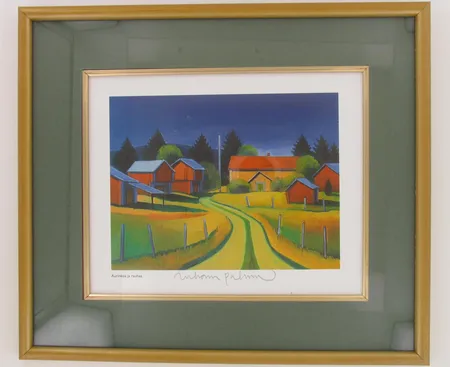 Painografiikkateos, signeeraus Juhani Palmu, ''Aurinkoa ja rauhaa'', mitat 13x17,5cm 