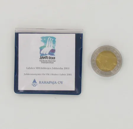 Juhlaraha, Suomi Hiihdon MM Lahti 2001 25mk, kupari/nikkeli, aitoustodistus, kotelo 