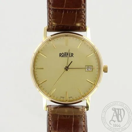 Kultarannekello Roamer nahkarannekkeella, ref: 814287613508, kaiverrettu, quartz, taulun Ø 33mm, laatikko ja todistus, 585br, paino 33,4g 