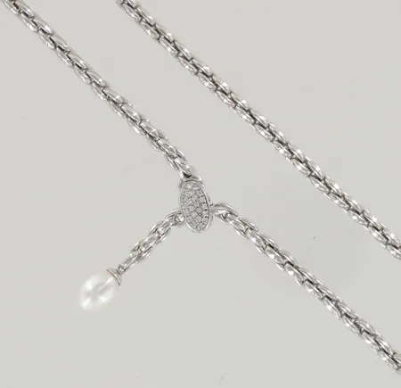 Kaulaketju helmi-timanttilukolla 22xn.0.01ct, pituus 47,5cm, helmen korkeus 10mm, 585br valkokulta, paino 29,7g