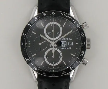 Teräsrannekello Tag Heuer Carrera Automatic nahkarannekkeella, ranneke viallinen, ref.CV2010-3, sarjano.RKE2195, taulun Ø 41mm, laatikko ja paperit Lindroos 2011