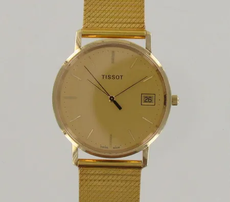 Kultarannekello Tissot quartz, kaiverrettu, hihnan pituus 190mm, 585br, paino 53,7g, paristo loppu
