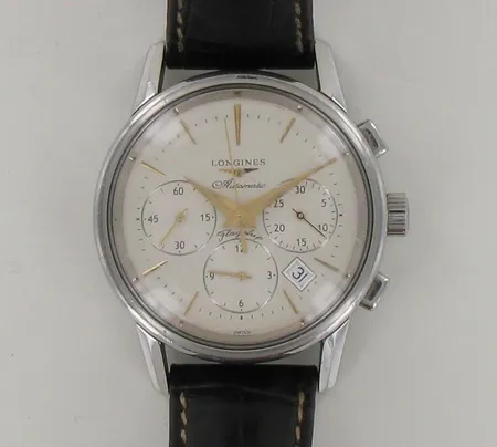 Teräsrannekello Longines Automatic Flagship nahkarannekkeella, ranneke viallinen, muovilasi naarmuilla, taulun Ø 40mm, ref.L4.796.4, sarjano. 35456021, laatikko ja paperit Kulta-aika 2012 