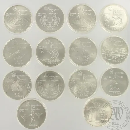 14 juhlarahaa, 5 Dollars Montreal 1976 Olympiade XXI, vuosilta 1974,1975 ja 1976, 925, paino 340,2g