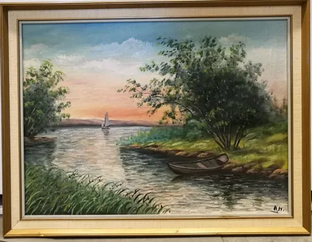 Öljyvärimaalaus, signeeraus AH, mitat 46x63cm, kehyksissä pientä kulumaa. Ota yhteys panttilainaamoon kuljetusmaksusta sopimiseksi.