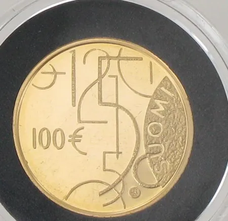 Kultaraha, nimellisarvo 100e, Suomalainen raha 150 vuotta, 917, paino 5,6g 