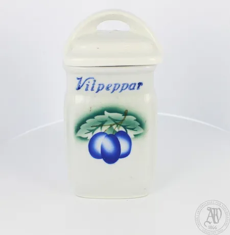 Maustepurkki Arabia, Vitpeppar, Luumu, 1934 - 1940, korkeus 12,5cm, piippuleima. Lähetetään postipakettina.