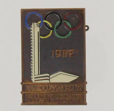 Virallinen rintamerkki toimitsijoille, XV Olympialaiset Helsinki 1952, mitat 49x33mm 