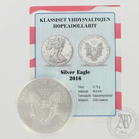 Hopearaha, nimellisarvo 1 dollari, Silver Eagle 2016, 999, paino 31,1g