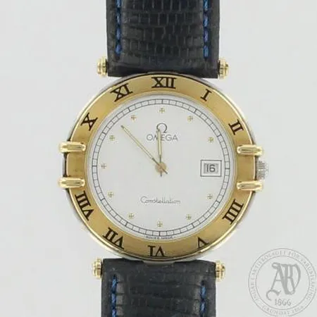 Teräs-kultarannekello Omega Constellation, quartz:paristo loppunut, takakannessa kaiverrus, taulun Ø 32mm, nahkarannekkeella (ei alkuperäinen) 