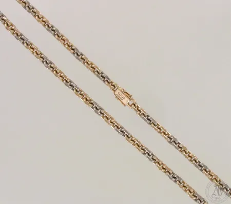 Ankkurikaulaketju, pituus 63,5cm, lenkin leveys 8mm, 585 kelta- ja valkokulta, käsityö, paino 149,3g