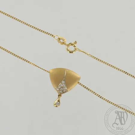 Timanttikaulakoru panssariketjulla, 1xn.0.03ct ja 9xn.0.01ct,  riipuksen korkeus 20mm, ketjun pituus 42cm, riipus 750 ja ketju 585, paino 3,8g 