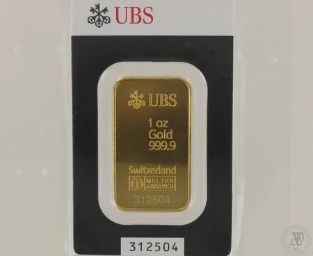 Kultaharkko UBS, no. 312504, 999,9, 1 oz, paino 31,1g