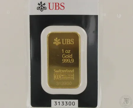 Kultaharkko UBS, no. 313300, 999,9, 1 oz, paino 31,1g