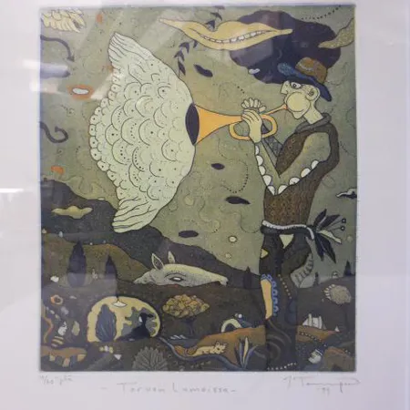Grafiikkateos, signeeraus Juha Tammenpää, 1999, 15/60, ''Torven lumoissa'', mitat 140x160mm, kehyksien kanssa 340x400mm. 