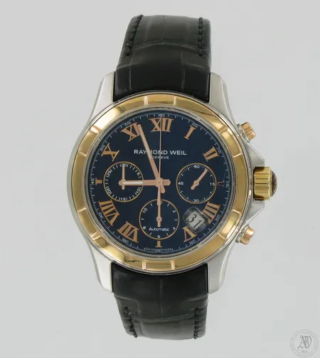 Teräsrannekello Raymond Weil Parsifal Geneve Chronograph Automatic, 7260, V2 16326, Cal. RW 7310, taulun Ø 42mm, nahkarannekkeella, pieniä naarmuja rungossa.